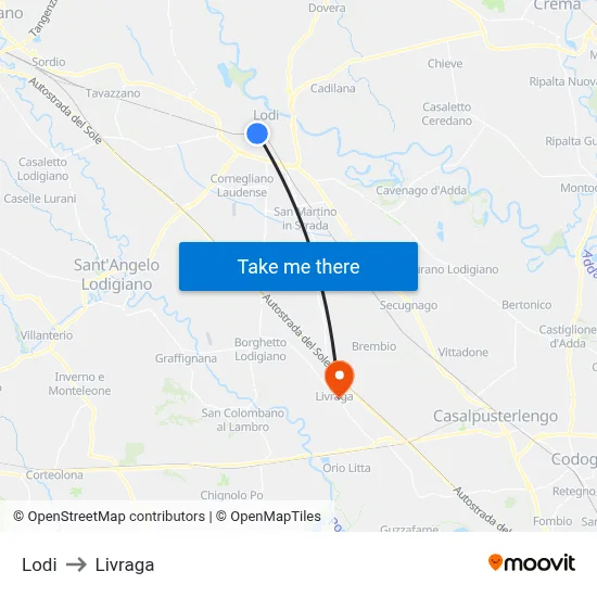 Lodi to Livraga map