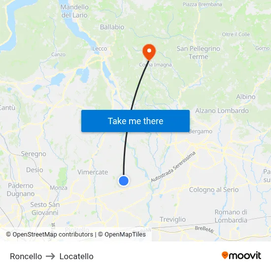 Roncello to Locatello map