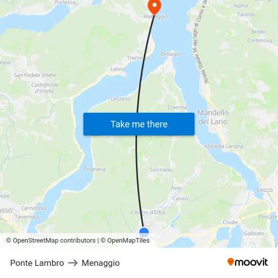 Ponte Lambro to Menaggio map