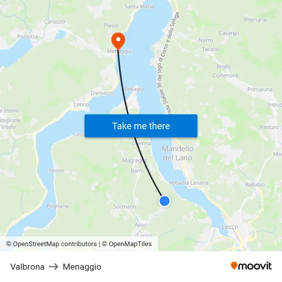 Valbrona to Menaggio map