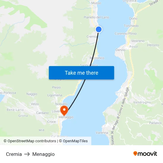 Cremia to Menaggio map