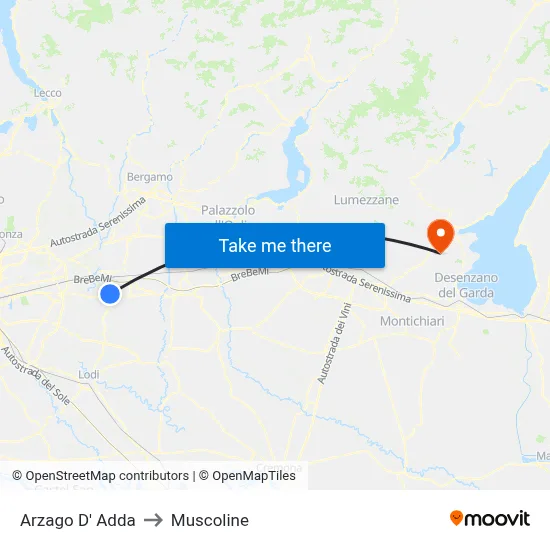 Arzago d'Adda to Muscoline map