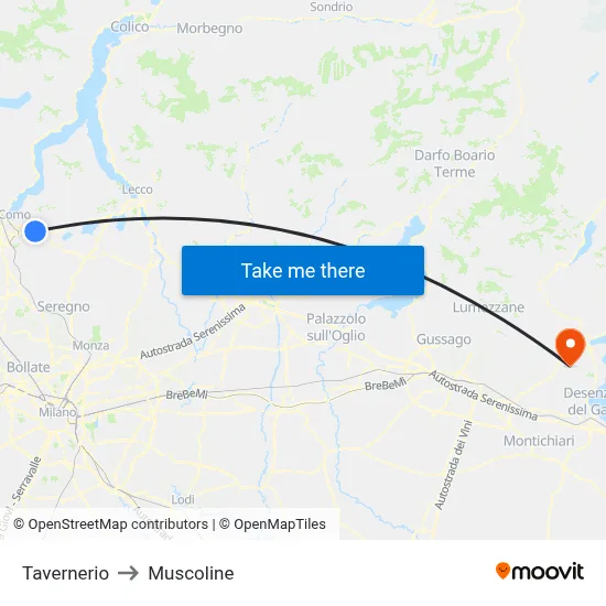 Tavernerio to Muscoline map