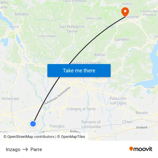 Inzago to Parre map