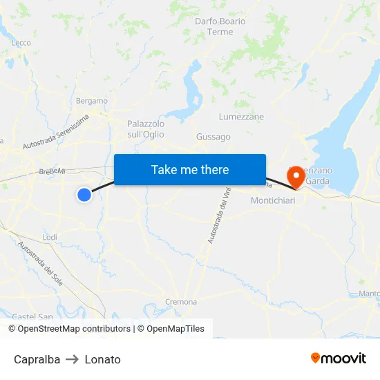 Capralba to Lonato map