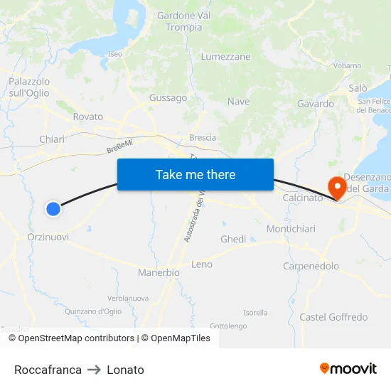 Roccafranca to Lonato map