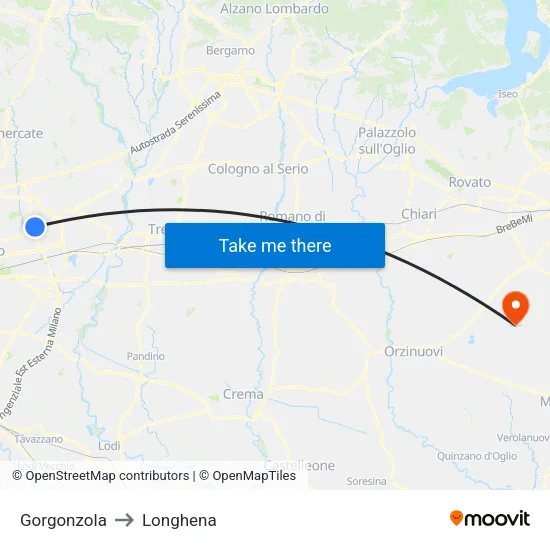 Gorgonzola to Longhena map