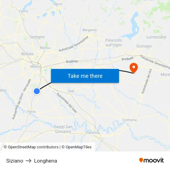Siziano to Longhena map