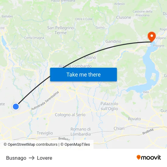 Busnago to Lovere map