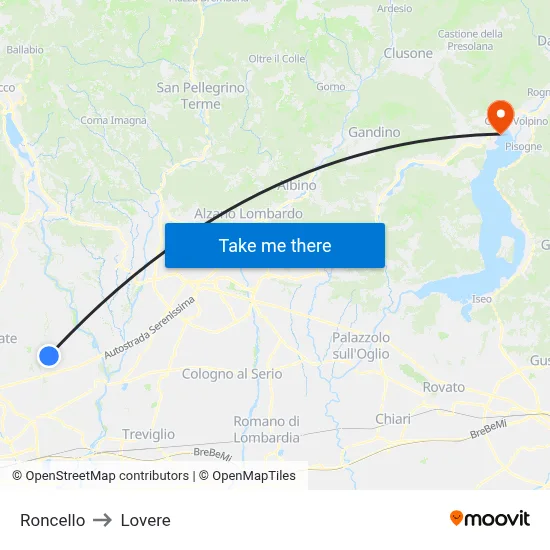 Roncello to Lovere map