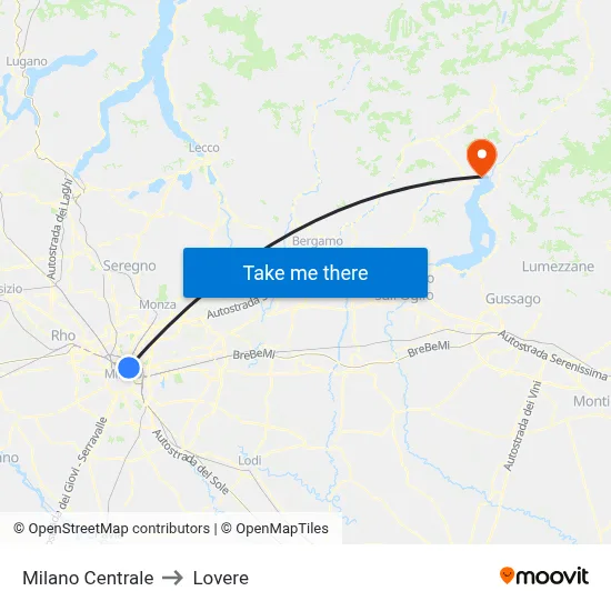 Milan Central to Lovere map
