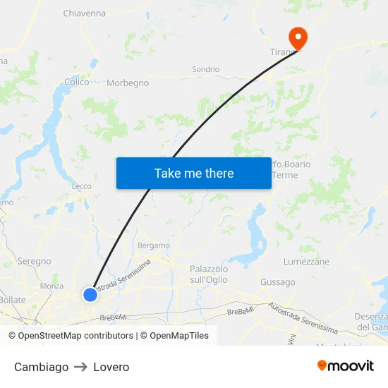 Cambiago to Lovero map