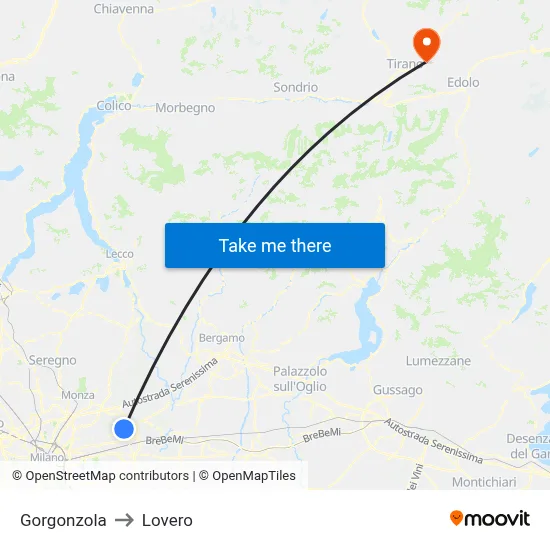 Gorgonzola to Lovero map