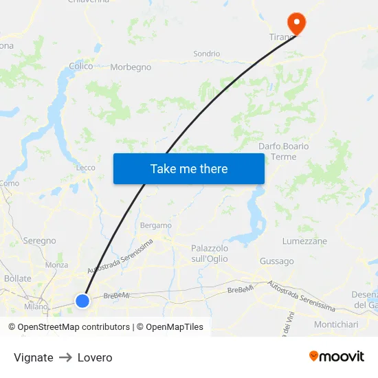 Vignate to Lovero map