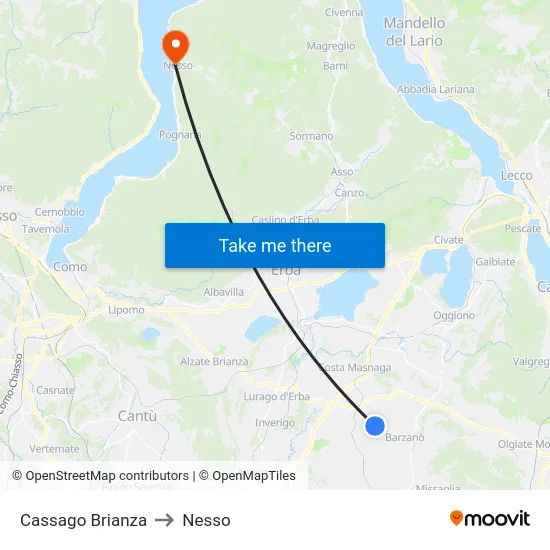 Cassago Brianza to Nesso map