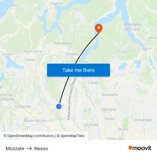Mozzate to Nesso map