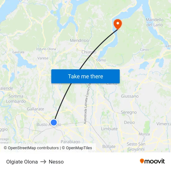 Olgiate Olona to Nesso map