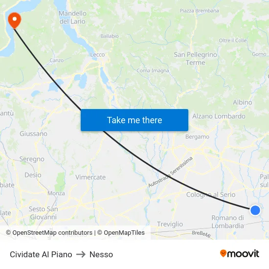 Cividate al Piano to Nesso map