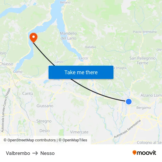 Valbrembo to Nesso map
