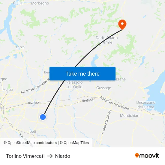 Torlino Vimercati to Niardo map