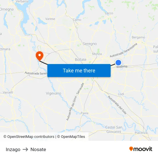 Inzago to Nosate map