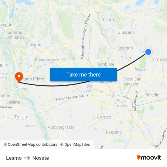 Lesmo to Nosate map