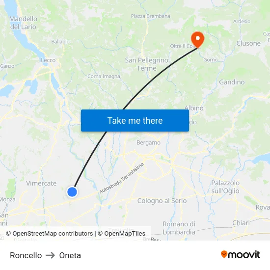 Roncello to Oneta map