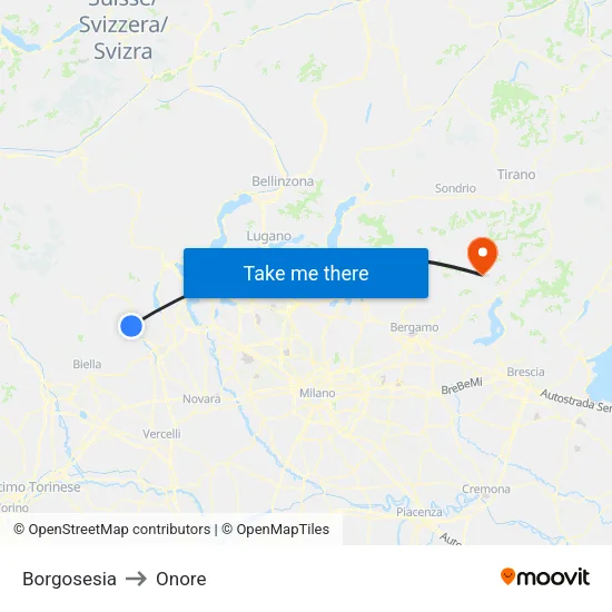 Borgosesia to Onore map