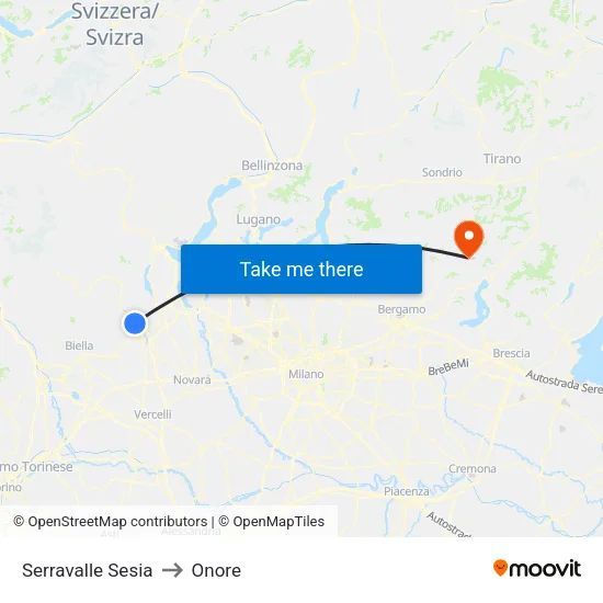 Serravalle Sesia to Onore map