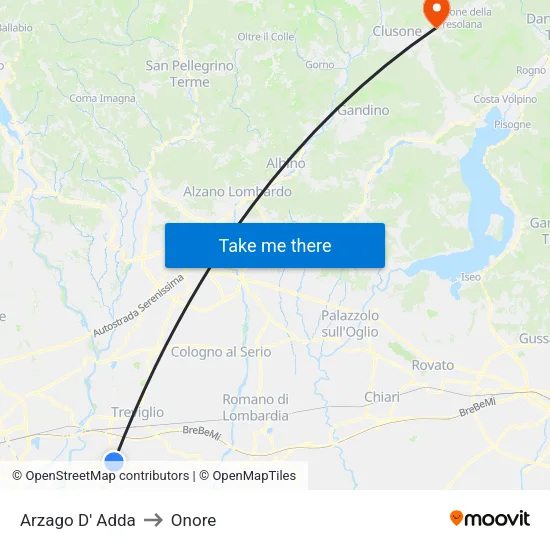 Arzago d'Adda to Onore map