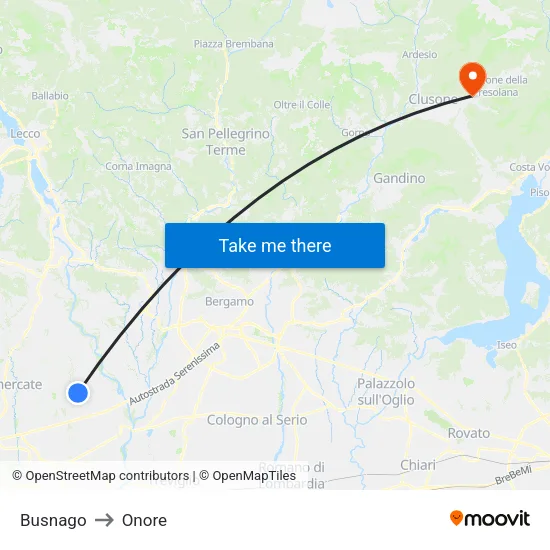 Busnago to Onore map