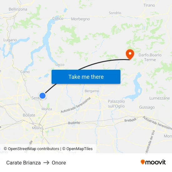 Carate Brianza to Onore map