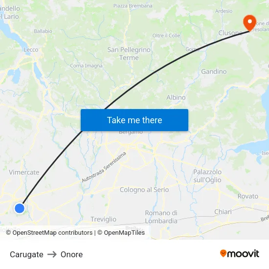 Carugate to Onore map