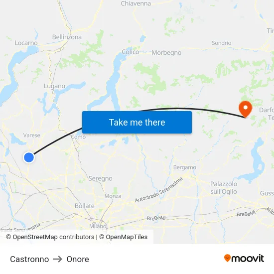 Castronno to Onore map