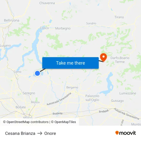 Cesana Brianza to Onore map