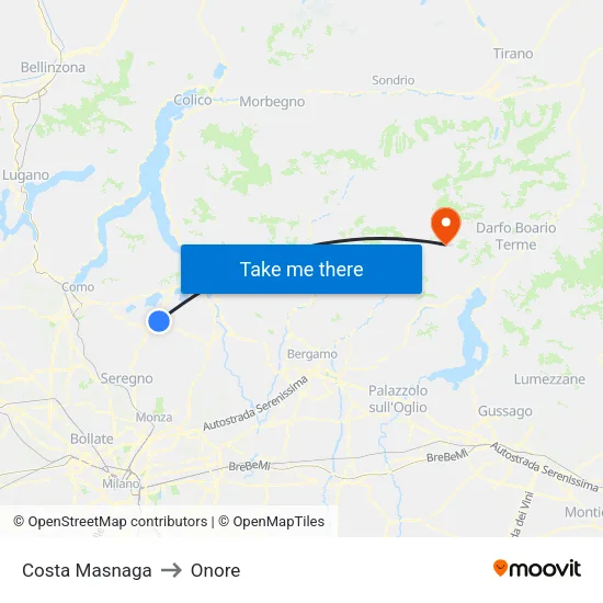 Costa Masnaga to Onore map