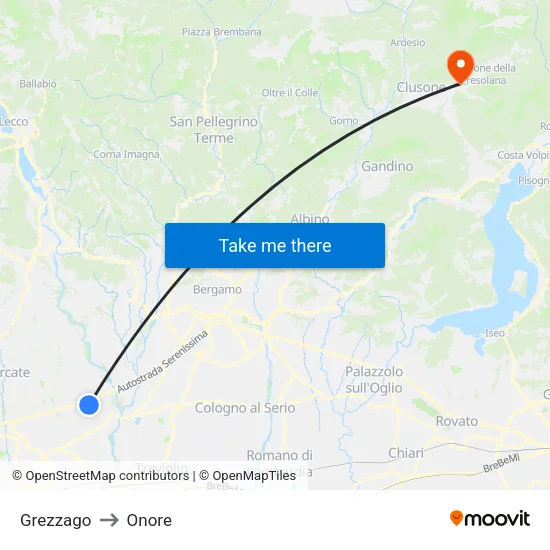 Grezzago to Onore map