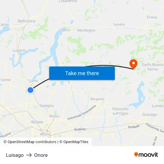 Luisago to Onore map