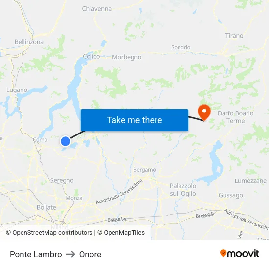 Ponte Lambro to Onore map