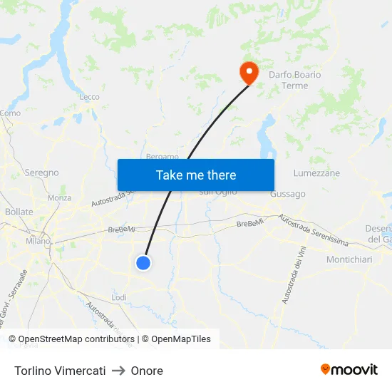 Torlino Vimercati to Onore map