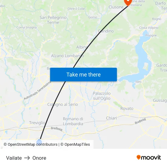 Vailate to Onore map