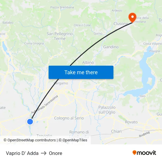 Vaprio D' Adda to Onore map