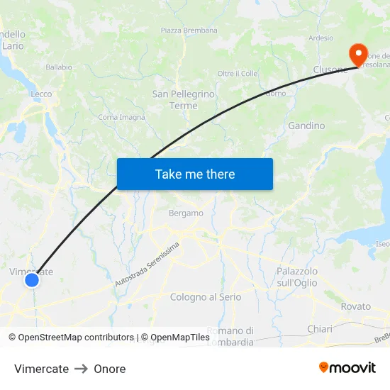Vimercate to Onore map