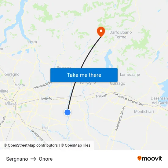 Sergnano to Onore map