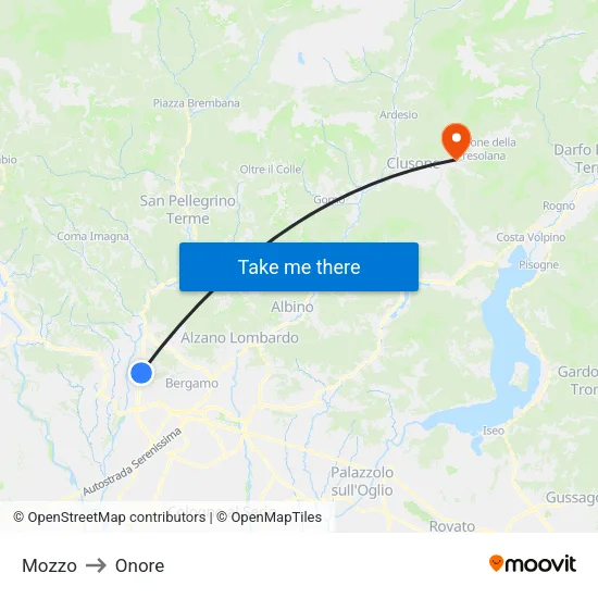 Mozzo to Onore map
