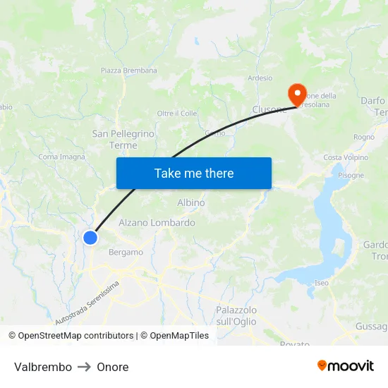 Valbrembo to Onore map