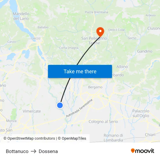 Bottanuco to Dossena map