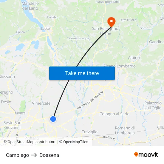 Cambiago to Dossena map