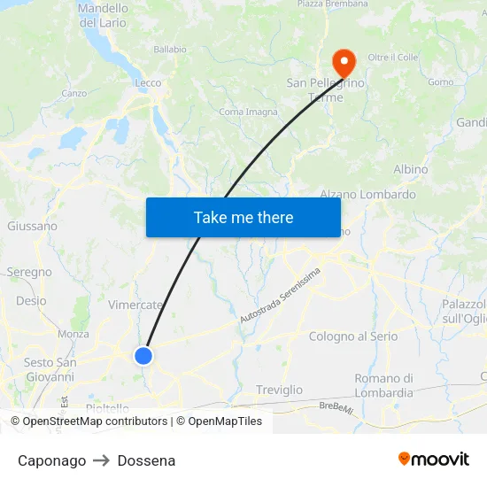 Caponago to Dossena map
