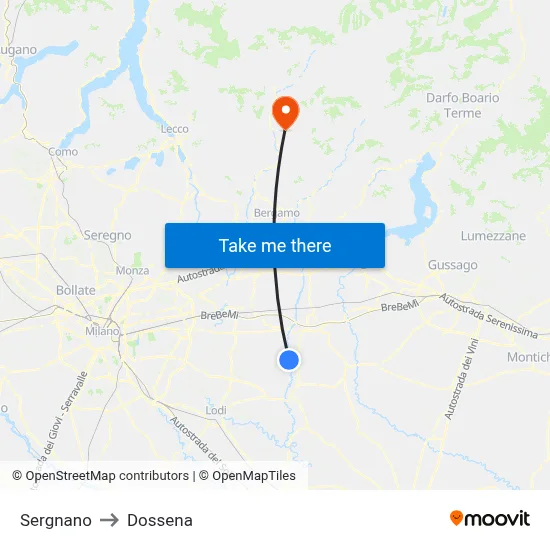Sergnano to Dossena map